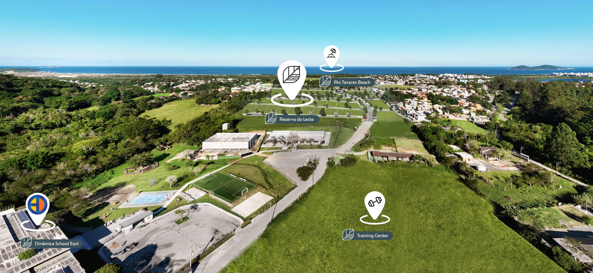 Image showing the location of Reserva do Leste and nearby points, Training Center, Escola Dinâmica Leste, and Praia do Rio Tavares